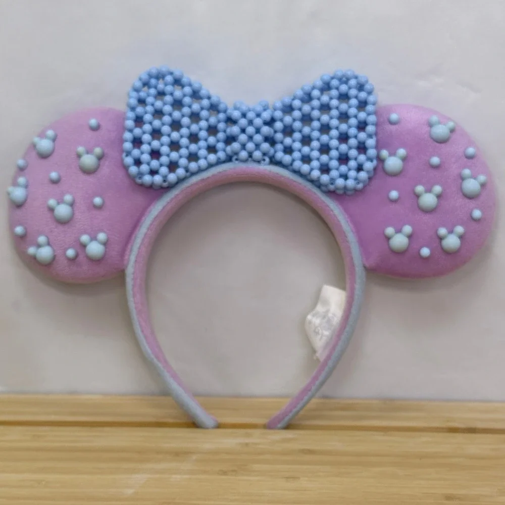 Disney Parks Pink with Mickey Icons Blue Beaded Bow Minnie Mouse Ears Headband